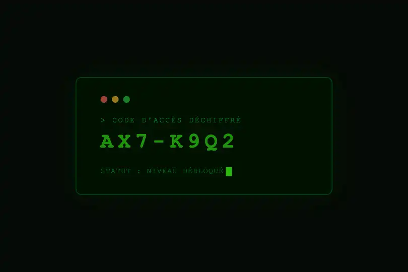 Écran de récompense — Code d'accès déchiffré en temps réel — Text Shuffle Reveal exemple 3
