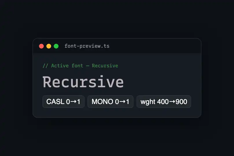 Code editor header — live Recursive font preview — Casual Morph example 2