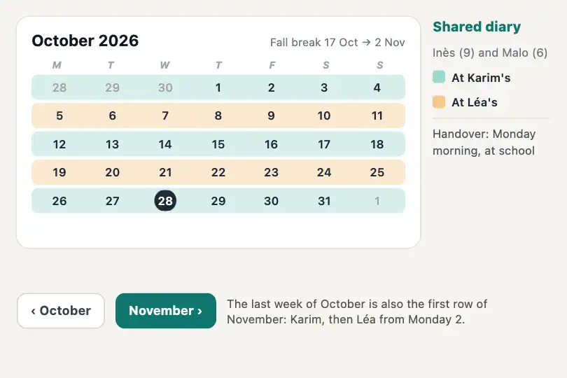 Next month — a co-parenting app's shared custody calendar — Slide Transition example 1