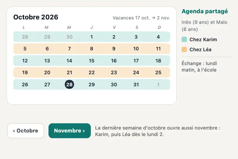 Mois suivant — calendrier de garde alternée d'une appli de coparentalité — Slide Transition exemple 1