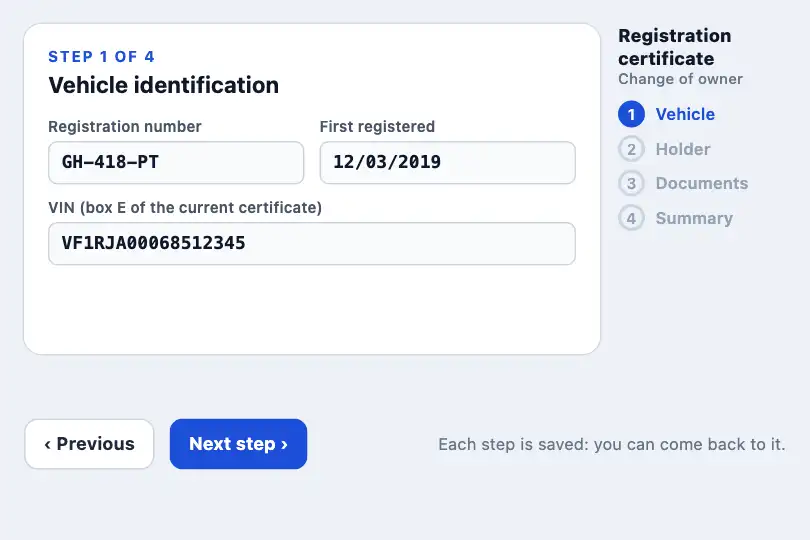 Step 2 of 4 — an online vehicle registration request — Slide Transition example 2