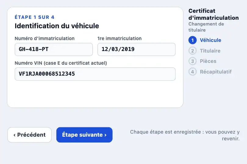 Étape 2 sur 4 — demande de certificat d'immatriculation en ligne — Slide Transition exemple 2