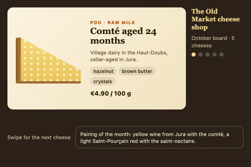Next cheese — a guided cheese board on a cheesemonger's tablet — Slide Transition example 3