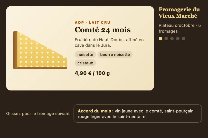 Fromage suivant — plateau commenté sur la tablette d'un fromager — Slide Transition exemple 3
