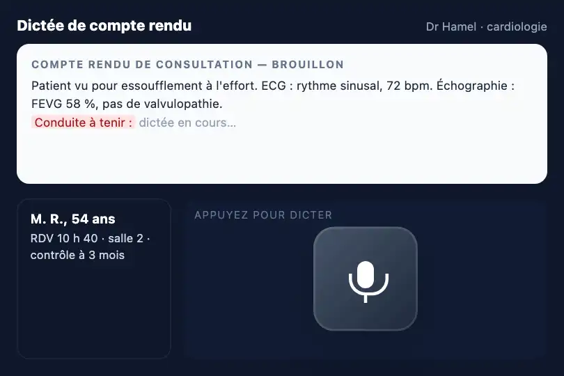 Bouton micro vers barre d'enregistrement — appli de dictée pour médecins — Scale Morph exemple 1
