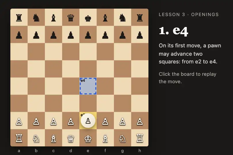 Pawn moving two squares — an online chess course for beginners — Shared Element example 1