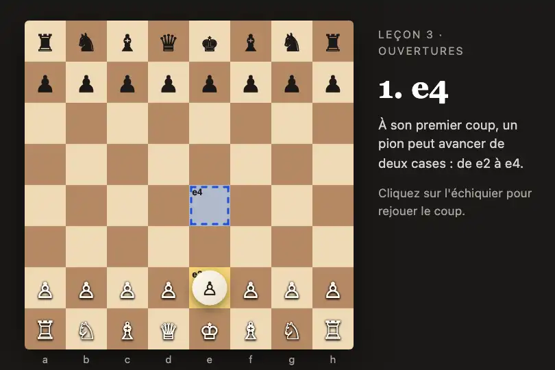 Pion qui avance de deux cases — cours d'échecs en ligne pour débutants — Shared Element exemple 1