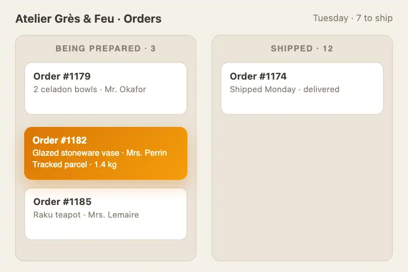 Order moving to "Shipped" — the back office of a ceramicist's shop — Shared Element example 2