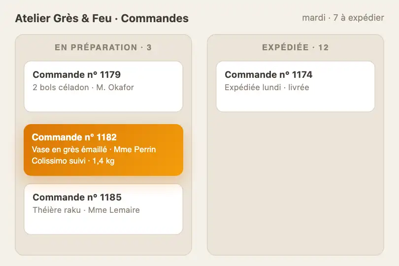 Commande qui passe en « Expédiée » — back-office d'une boutique de céramiste — Shared Element exemple 2