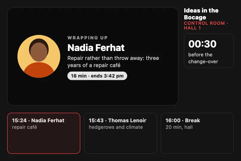 Next speaker — the control-room screen of a local TEDx conference — Fade & Slide Up example 2