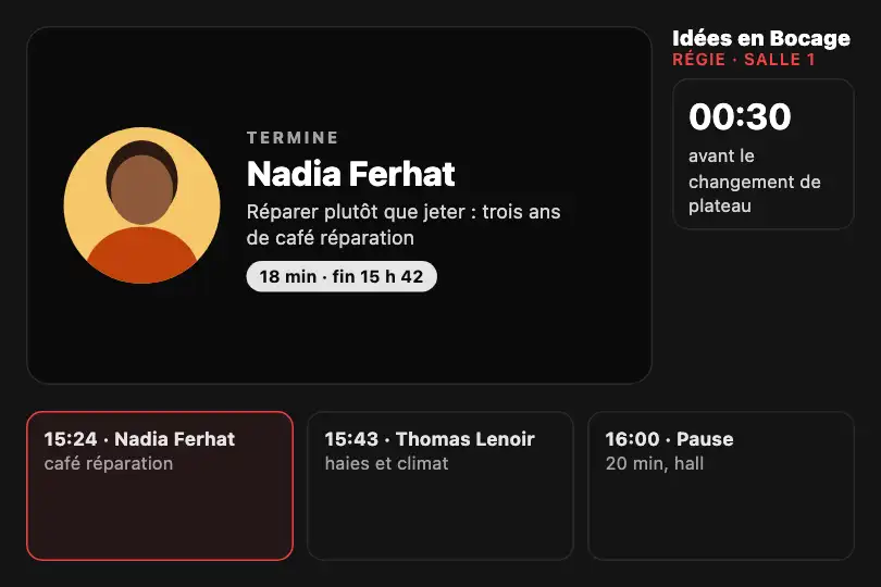 Intervenant suivant — écran de régie d'une conférence TEDx locale — Fade & Slide Up exemple 2