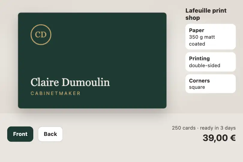 Front then back of a business card — an online print shop's configurator — Flip Transition example 1