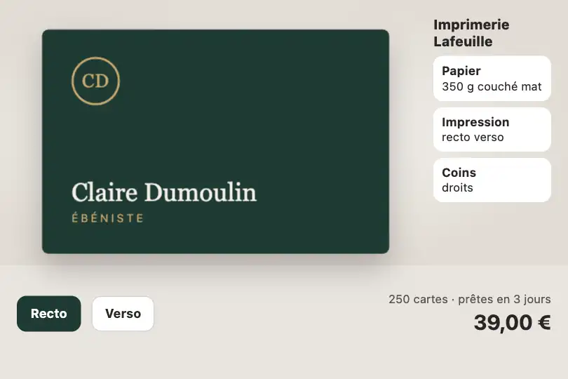 Recto puis verso d'une carte de visite — configurateur d'une imprimerie en ligne — Flip Transition exemple 1