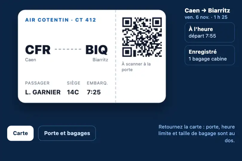 Carte d'embarquement vers consignes bagages — appli d'une compagnie aérienne régionale — Flip Transition exemple 2