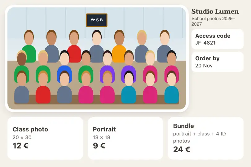 Class photo to one pupil's portrait — a school photographer's parent area — Zoom Transition example 2
