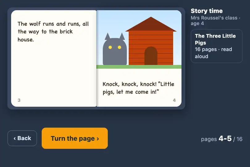 Next page of a picture book — a reading app for preschool — Page Turn example 1