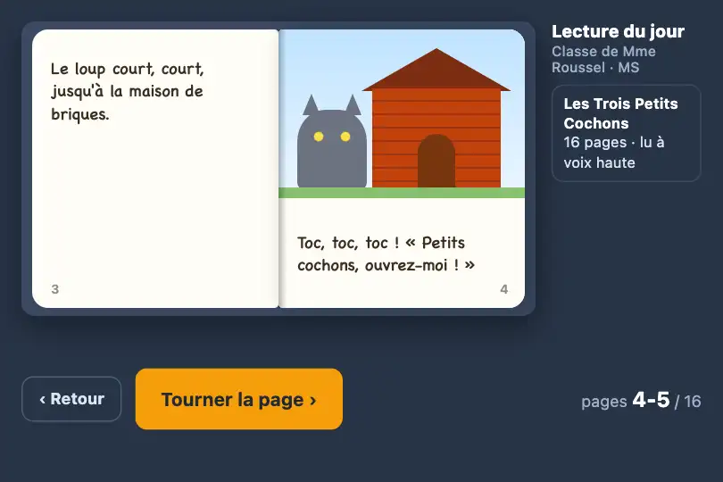 Page suivante d'un album jeunesse — appli de lecture pour l'école maternelle — Page Turn exemple 1