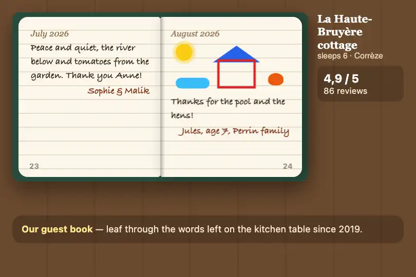 Leafing through the guest book — a rural vacation rental's website — Page Turn example 2