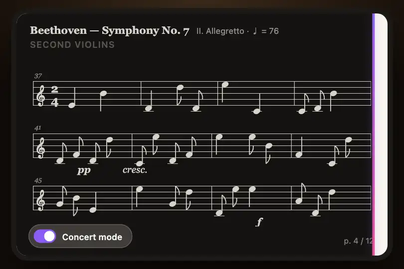 Music stand in concert mode — an orchestra's sheet music app — Wipe Transition example 1