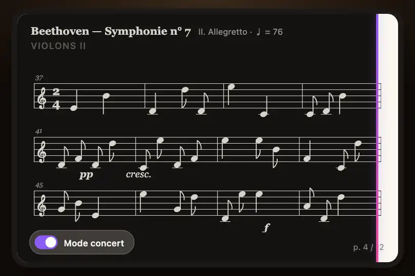 Pupitre en mode concert — appli de partitions d'un orchestre — Wipe Transition exemple 1