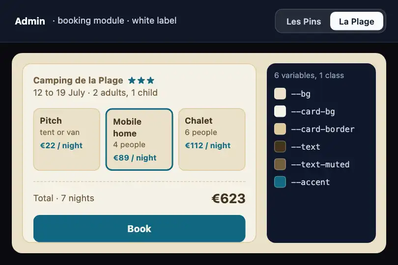 Each campsite's colors — a white-label booking module — CSS Variables example 1