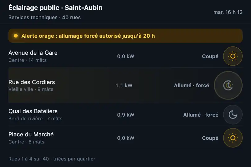 Éclairage d'une rue forcé — tableau de bord des services techniques d'une commune — Icon Toggle exemple 2