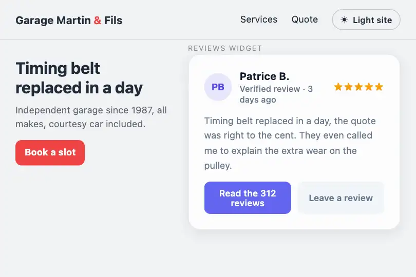 Customer reviews widget that follows the host site — a car repair shop — Card Theme example 1