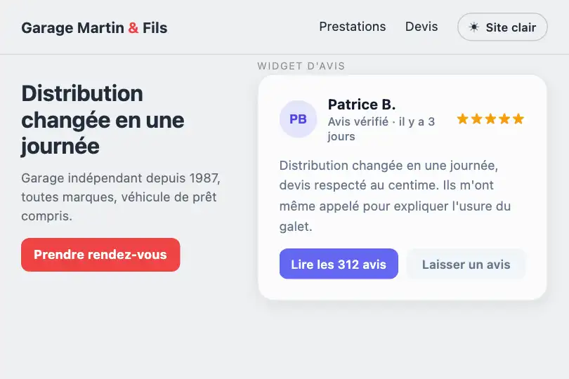 Widget d'avis clients qui suit le site hôte — garage automobile — Card Theme exemple 1