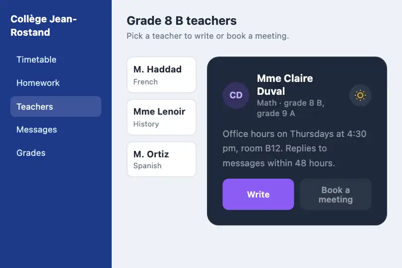 A teacher's card — a middle school's online portal — Card Theme example 3