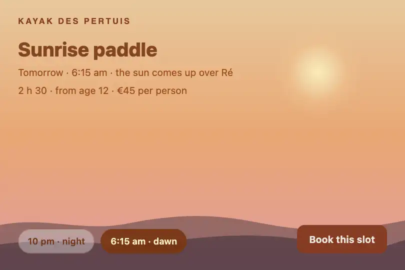 Night paddle to dawn paddle — a sea kayak rental's booking page — Gradient Shift example 1