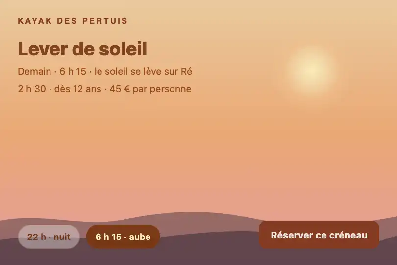 Balade de nuit vers balade à l'aube — réservation d'un loueur de kayaks de mer — Gradient Shift exemple 1