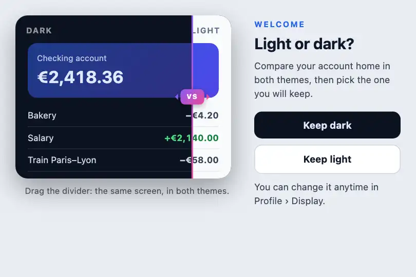 Picking a theme on first launch — an online bank's app — Split Compare example 1