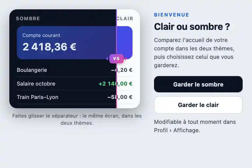 Choix du thème à la première ouverture — appli d'une banque en ligne — Split Compare exemple 1