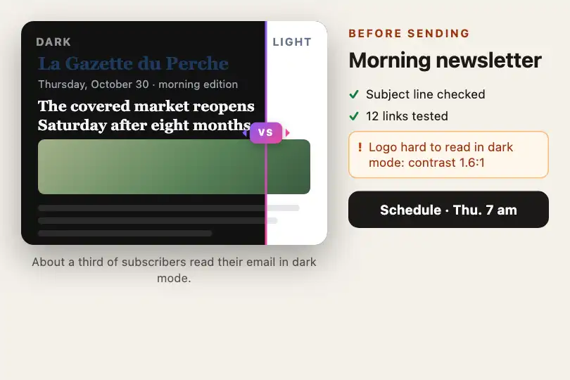 Light and dark preview of a newsletter — a regional newsroom's tool — Split Compare example 2