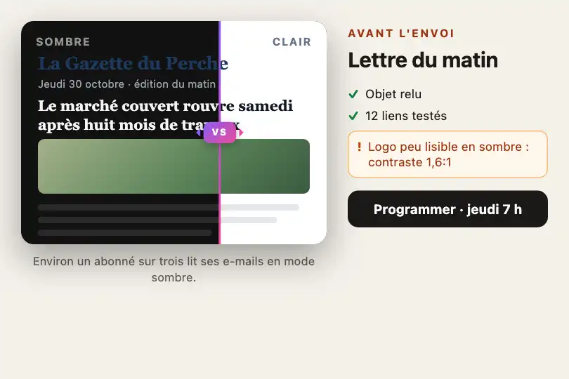 Aperçu clair et sombre d'une newsletter — outil d'une rédaction de presse régionale — Split Compare exemple 2