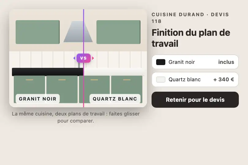 Plan de travail noir ou clair — configurateur d'un cuisiniste — Split Compare exemple 3