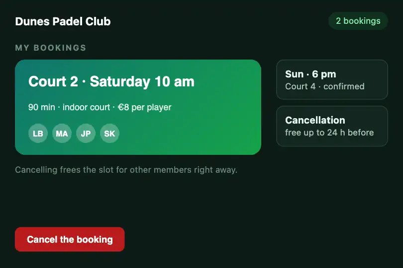 Court booking canceled — a padel club app — Card Vanish example 1