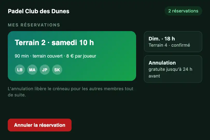 Réservation de terrain annulée — appli d'un club de padel — Card Vanish exemple 1