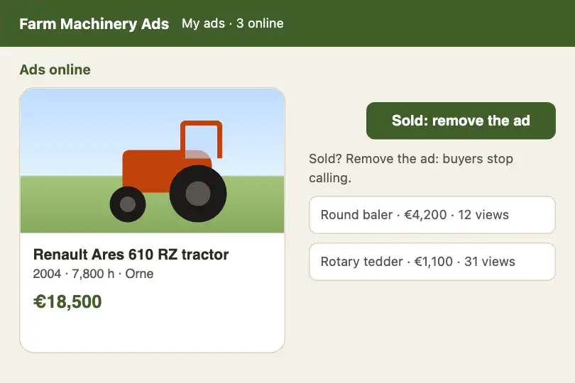 Ad removed — a farm machinery classifieds site — Card Vanish example 3