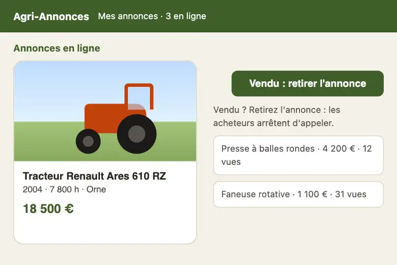 Annonce retirée — site de petites annonces de matériel agricole — Card Vanish exemple 3