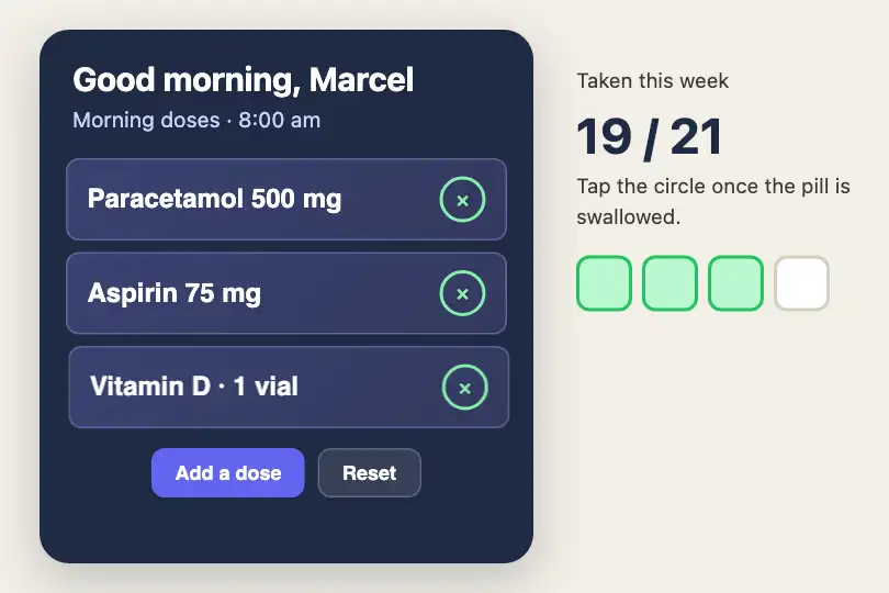 Morning medication — a connected pill organizer for an older person — List Item Slide example 1