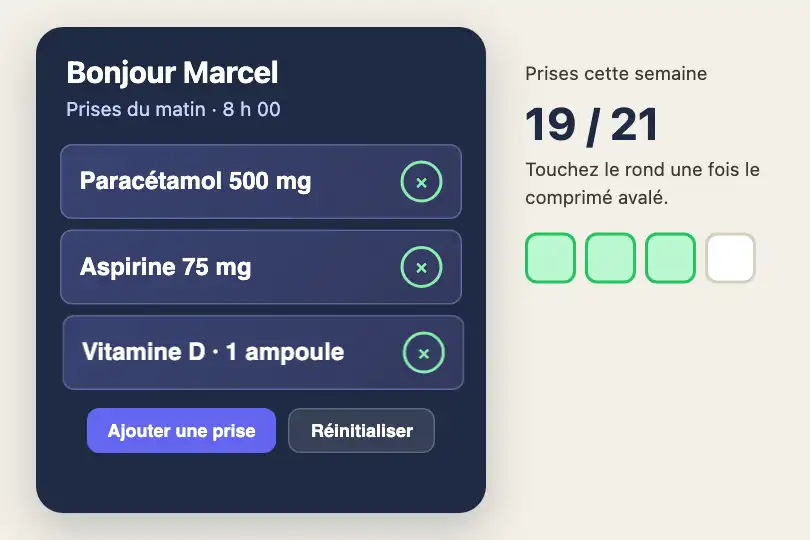Médicaments du matin — pilulier connecté pour une personne âgée — List Item Slide exemple 1