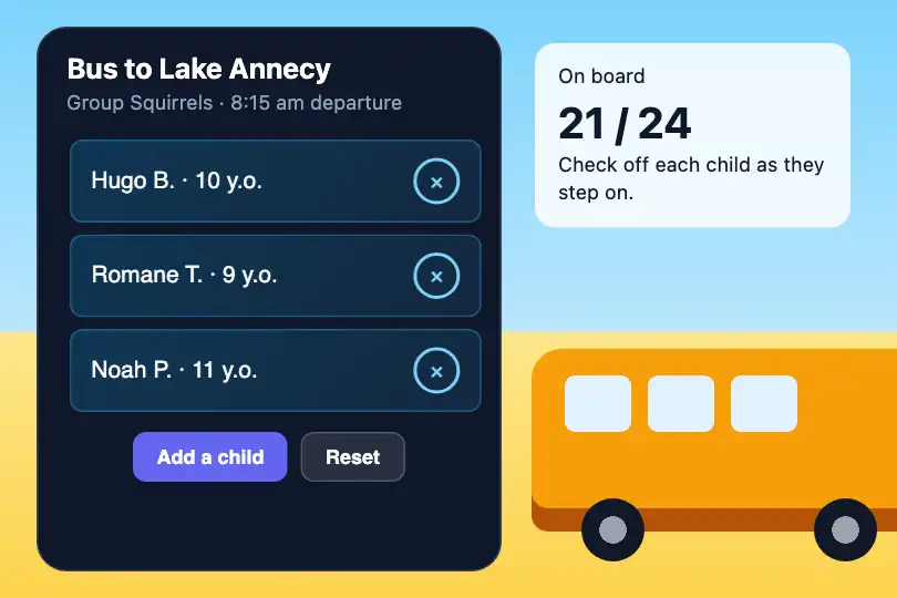 Roll call before the bus leaves — a summer camp counselor's app — List Item Slide example 2