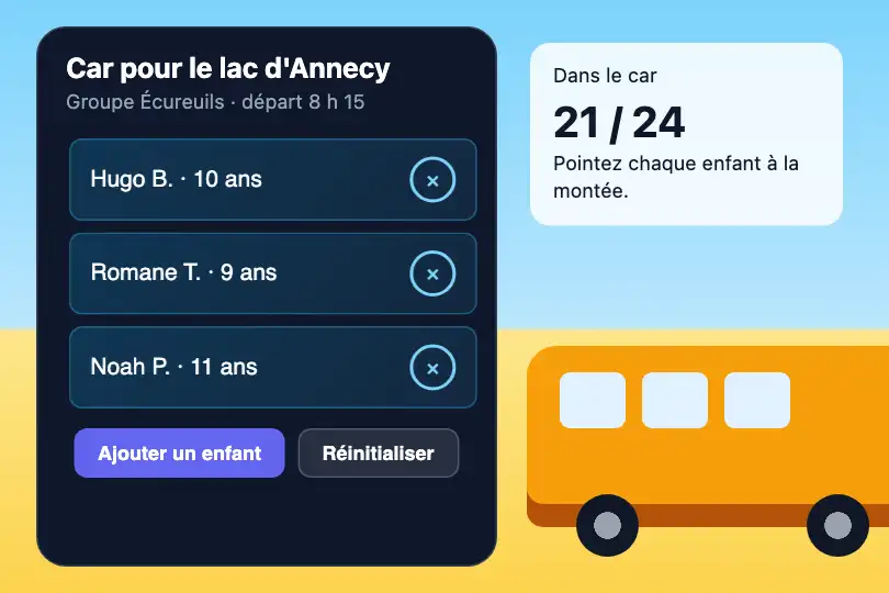 Appel des enfants au départ du car — appli d'un moniteur de colonie de vacances — List Item Slide exemple 2