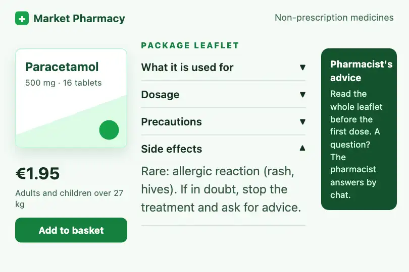 A medicine leaflet unfolded — an online pharmacy's website — Accordion Fold example 1