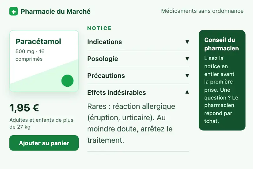 Notice d'un médicament dépliée — site d'une pharmacie en ligne — Accordion Fold exemple 1