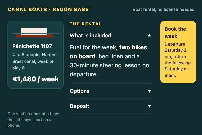 What the rental includes — the online brochure of a license-free canal boat rental company — Accordion Fold example 3