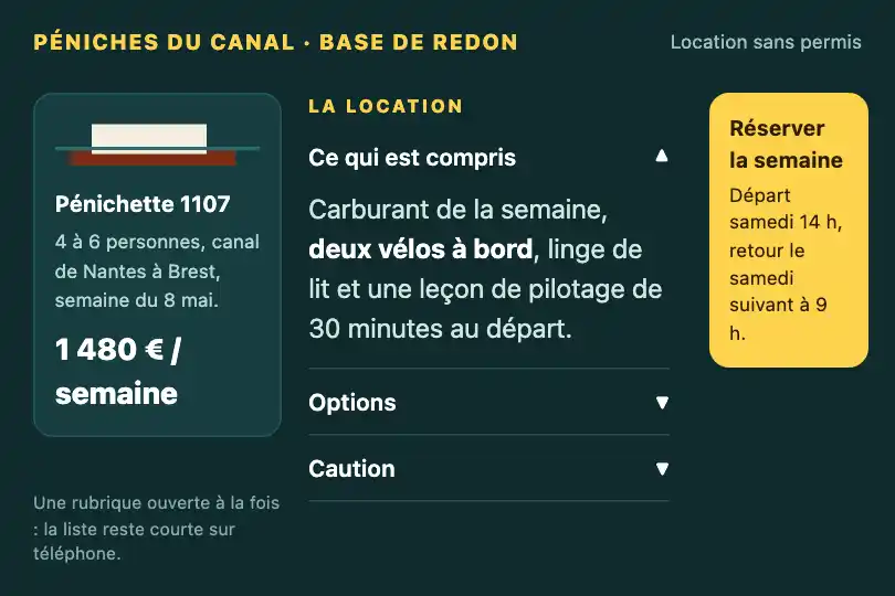 Ce qui est compris dans la location — brochure en ligne d'un loueur de péniches sans permis — Accordion Fold exemple 3
