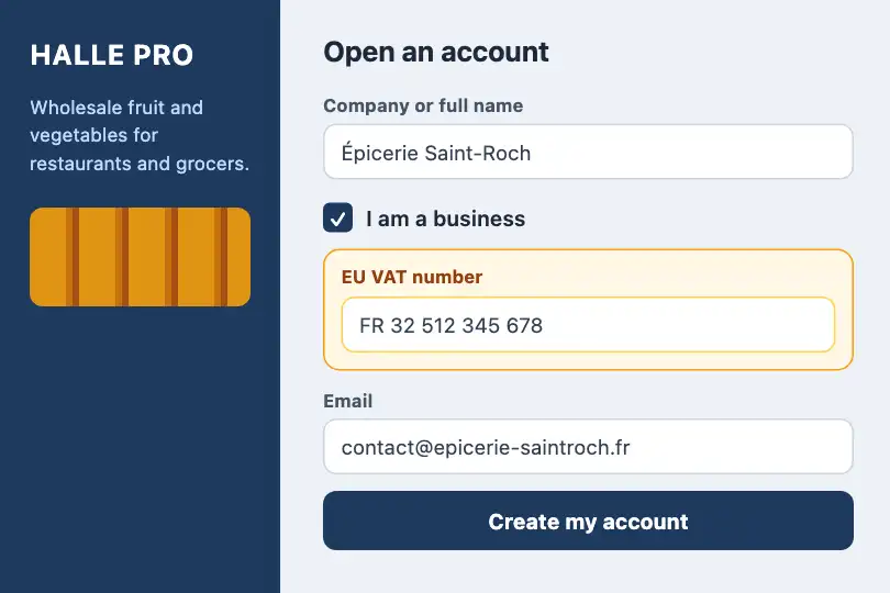 A "VAT number" field — a wholesaler's account opening form — Morph Transition example 1