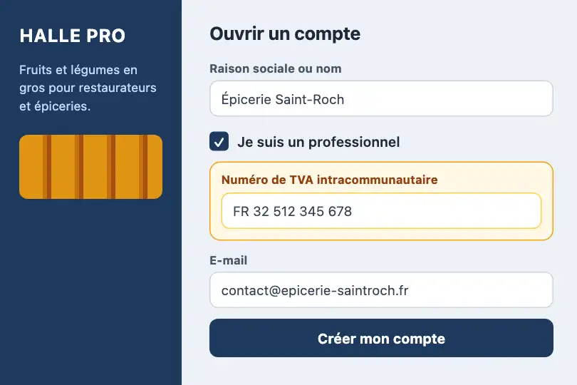 Champ « numéro de TVA » — formulaire d'ouverture de compte d'un grossiste — Morph Transition exemple 1